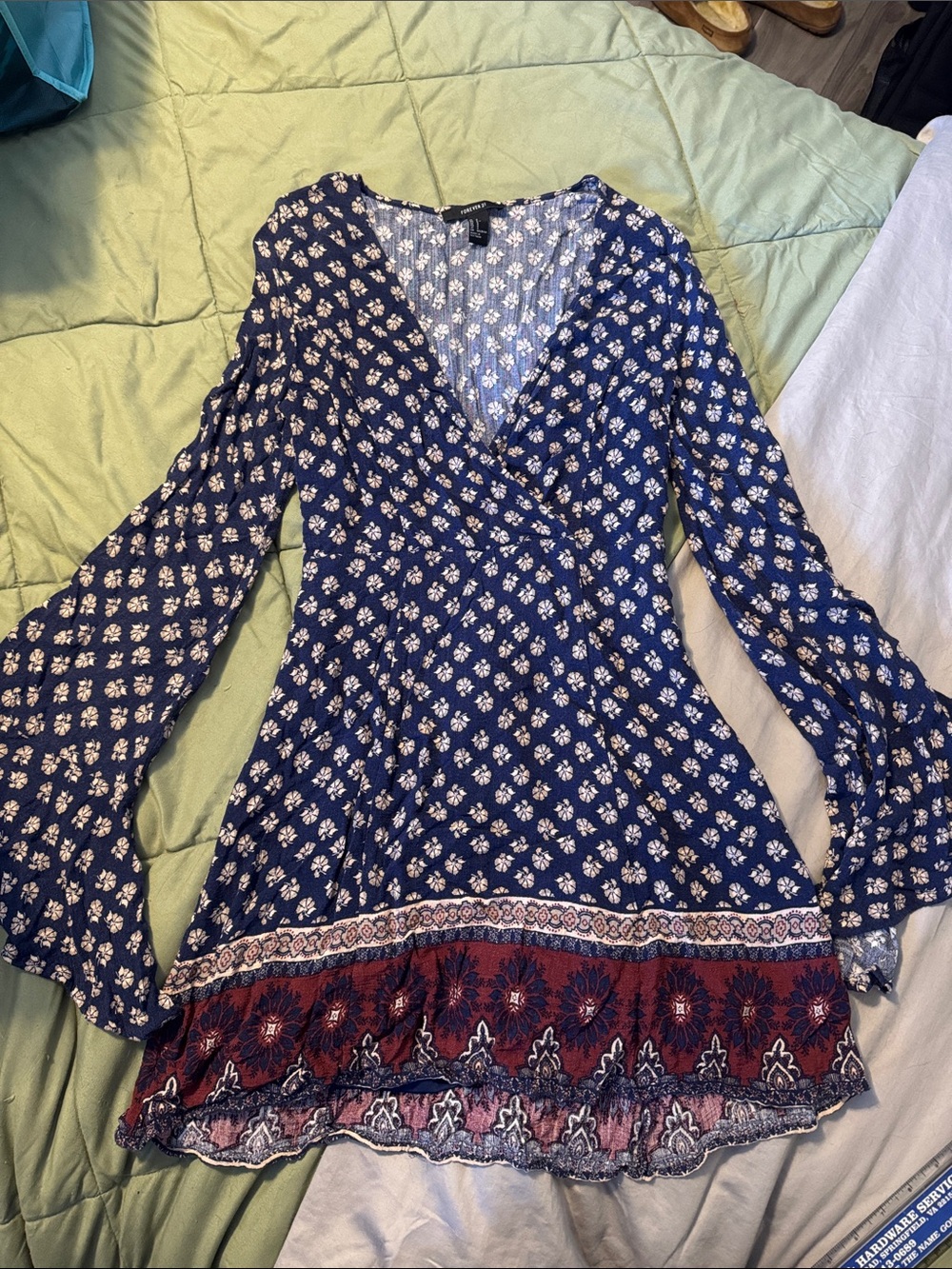 Blue Floral Long-Sleeve Dress with Bell Bottom Sleves